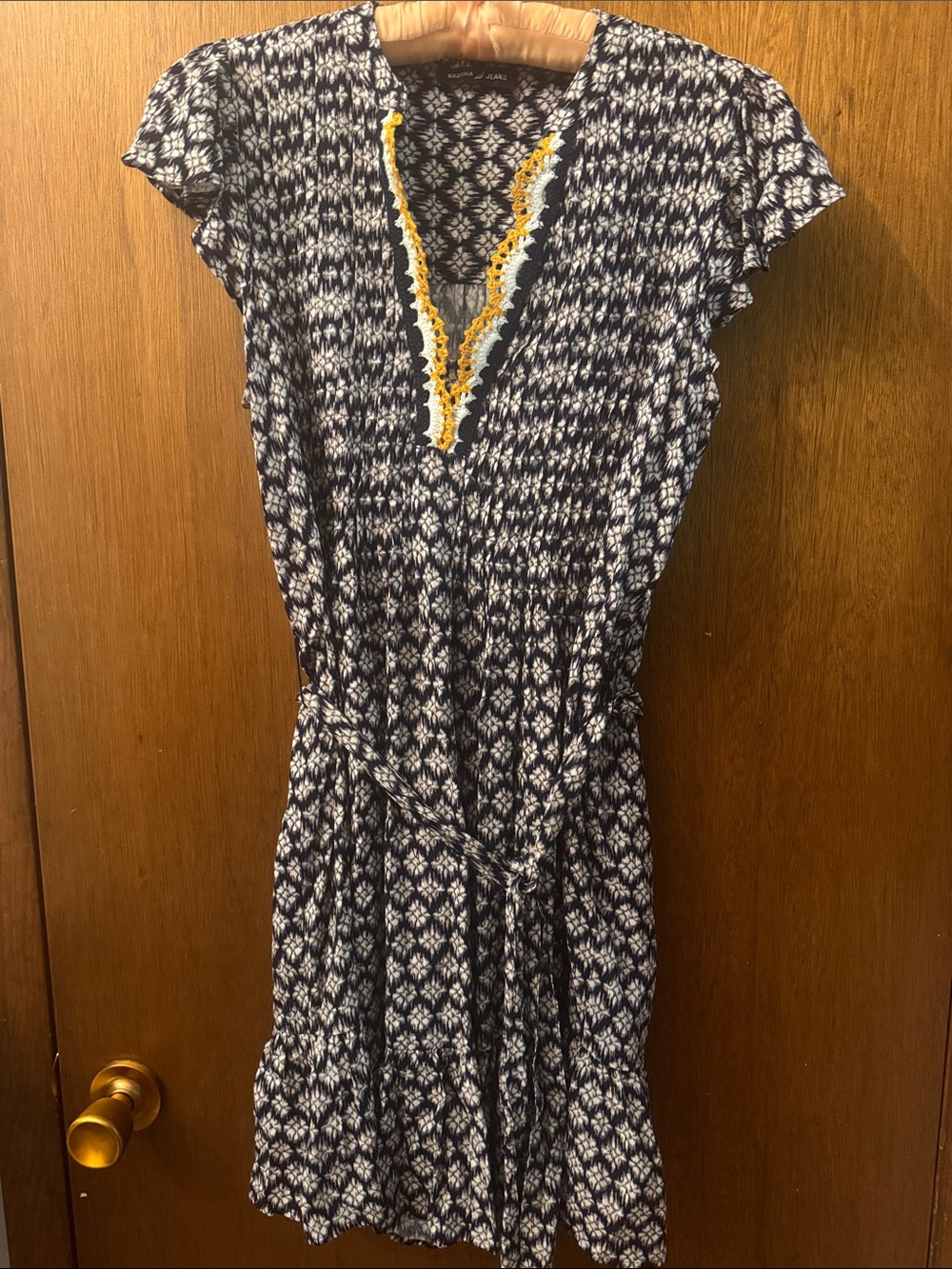 Nautica Navy Patterned Mini Dress with Yellow Trim